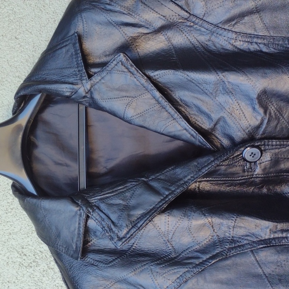 Black Patchwork Leather Button-Up Jacket L - image 3
